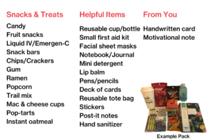 Text describing items to include in Project Dorm Room Welcome Packages